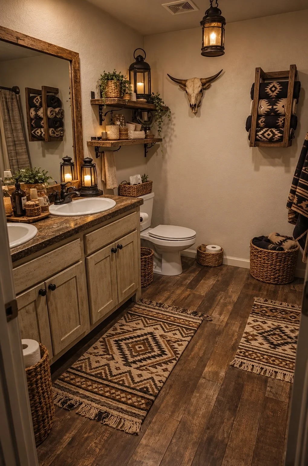 Rustic western bathroom with lantern lighting, Aztec towels in wood wall racks, Aztec rugs, and woven baskets