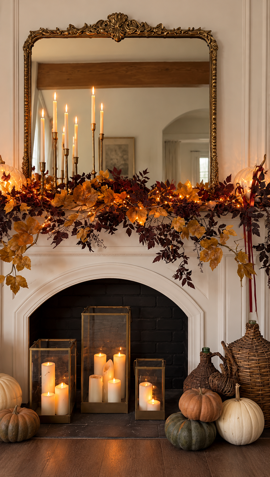 Candlelit fall fireplace with an ornate gold mirror, burgundy and gold leaf garland with fairy lights, and brass lanterns filled with pillar candles in the firebox
