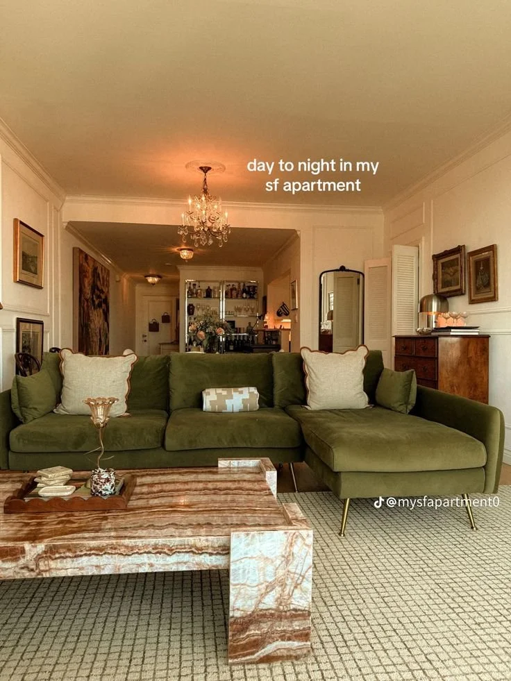 green velvet sofa marble coffee table