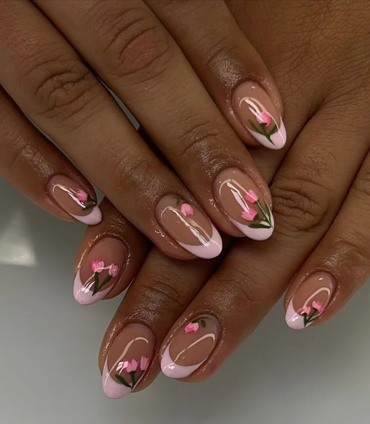 pink french nails with pink tulips
