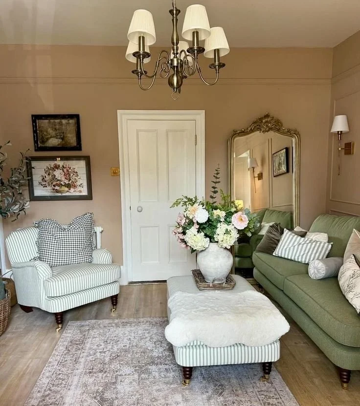 cozy green sofa beige walls