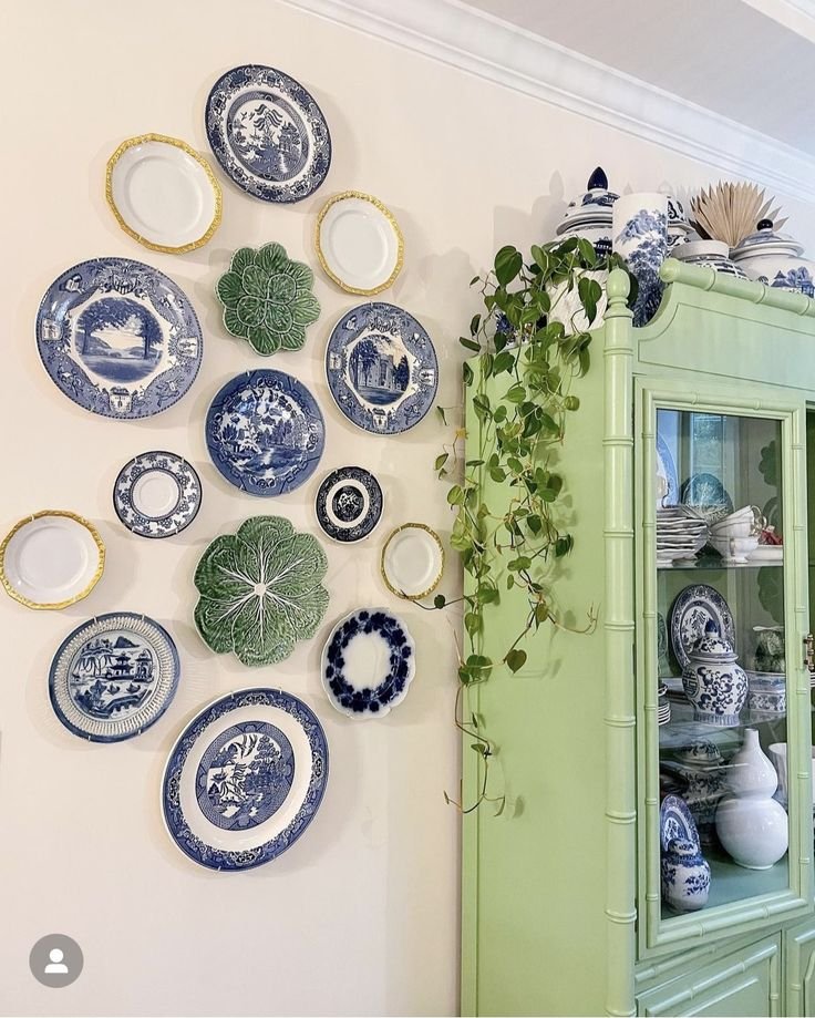 cabbage ware and blue white china plate wall