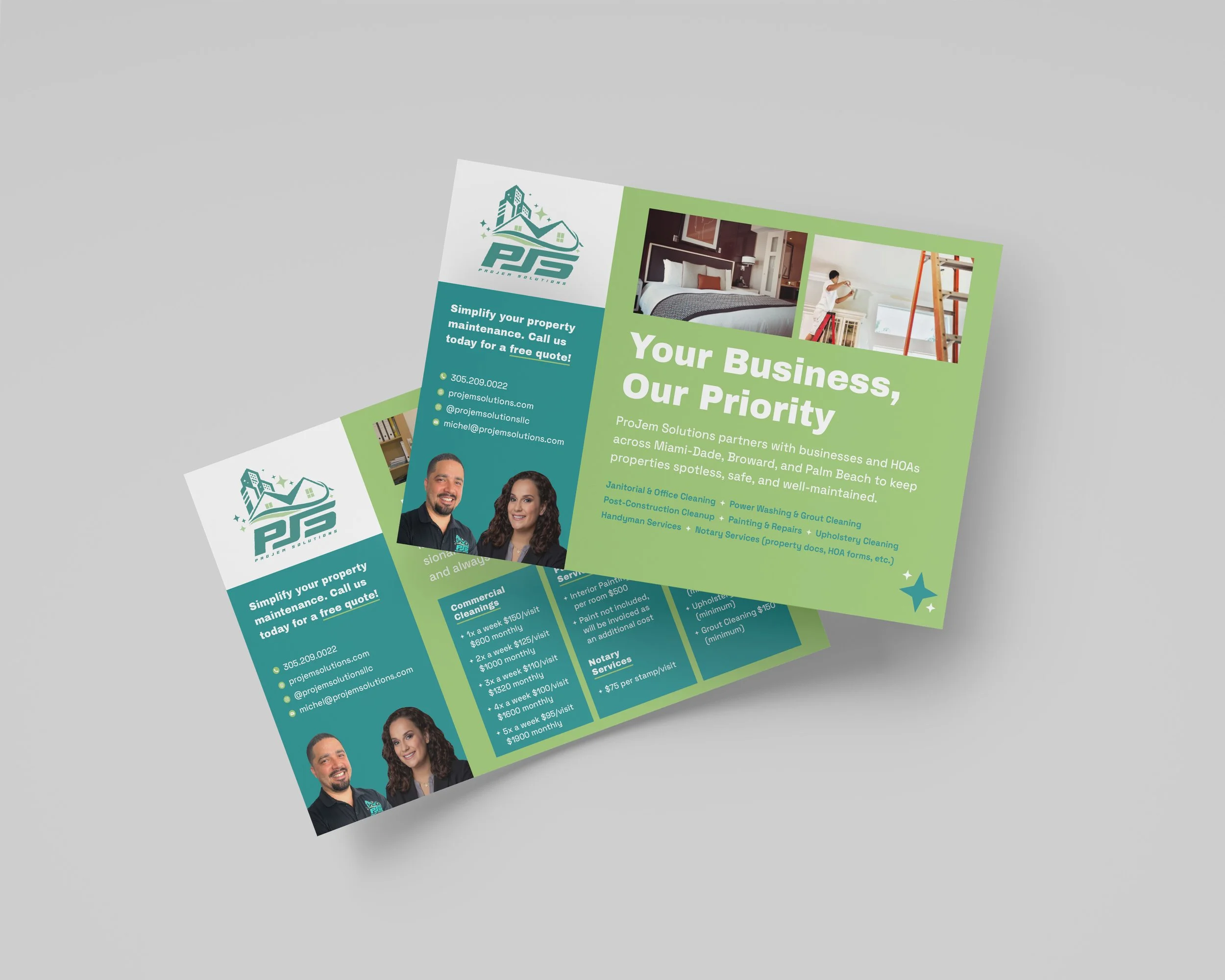 A colorful flyer for ProJem Solutions, a property maintenance company, featuring images of a bedroom and handyman work, contact information, and a slogan about prioritizing business needs.