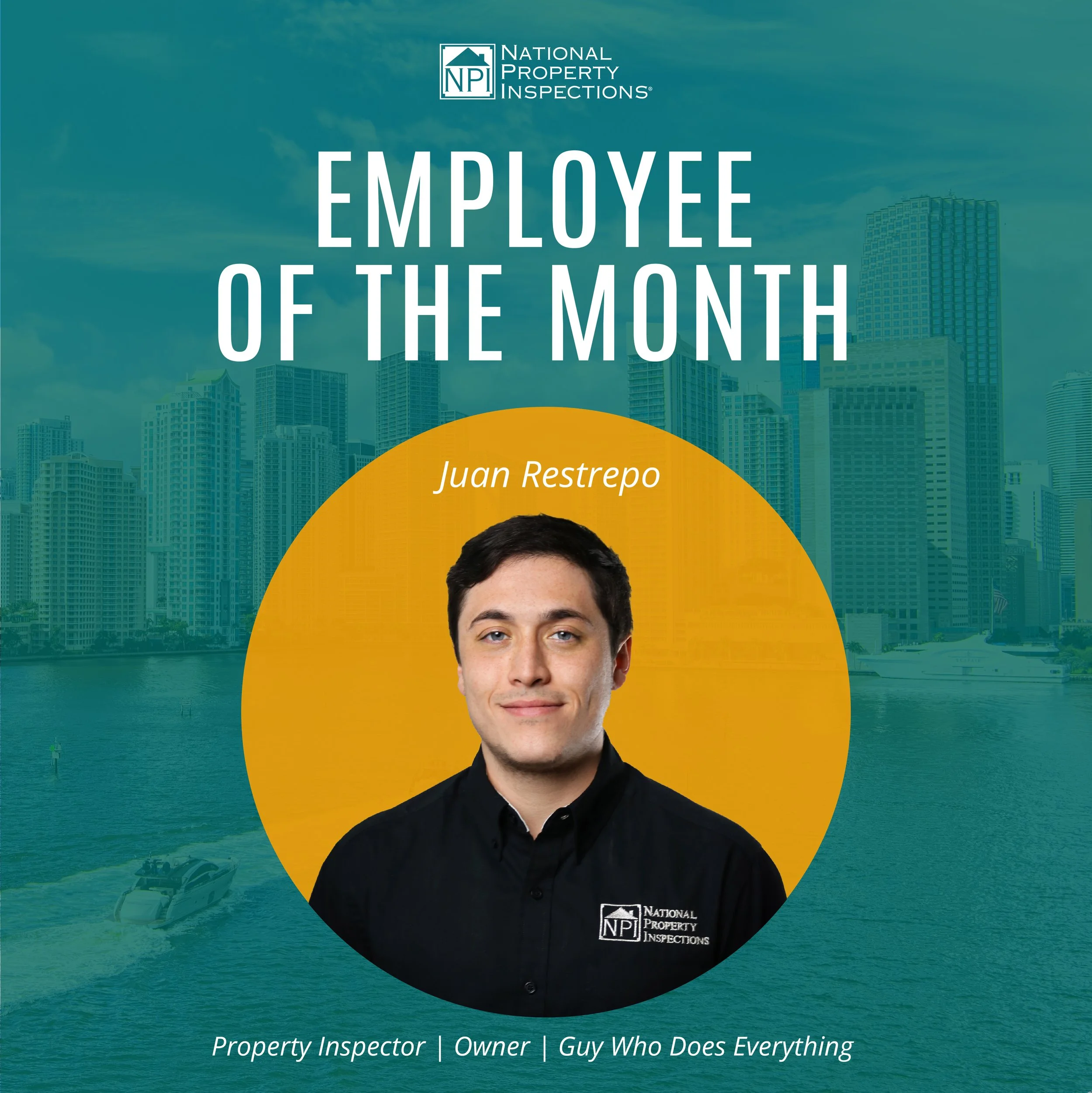 Cover image for a book titled 'Employee of the Month' by Juan Restrepo. The background features a city skyline with tall buildings and a river with boats. The person on the cover is wearing a black shirt with a logo from the National Property Inspections company. The bottom text mentions roles: Property Inspector, Owner, Guy Who Does Everything.