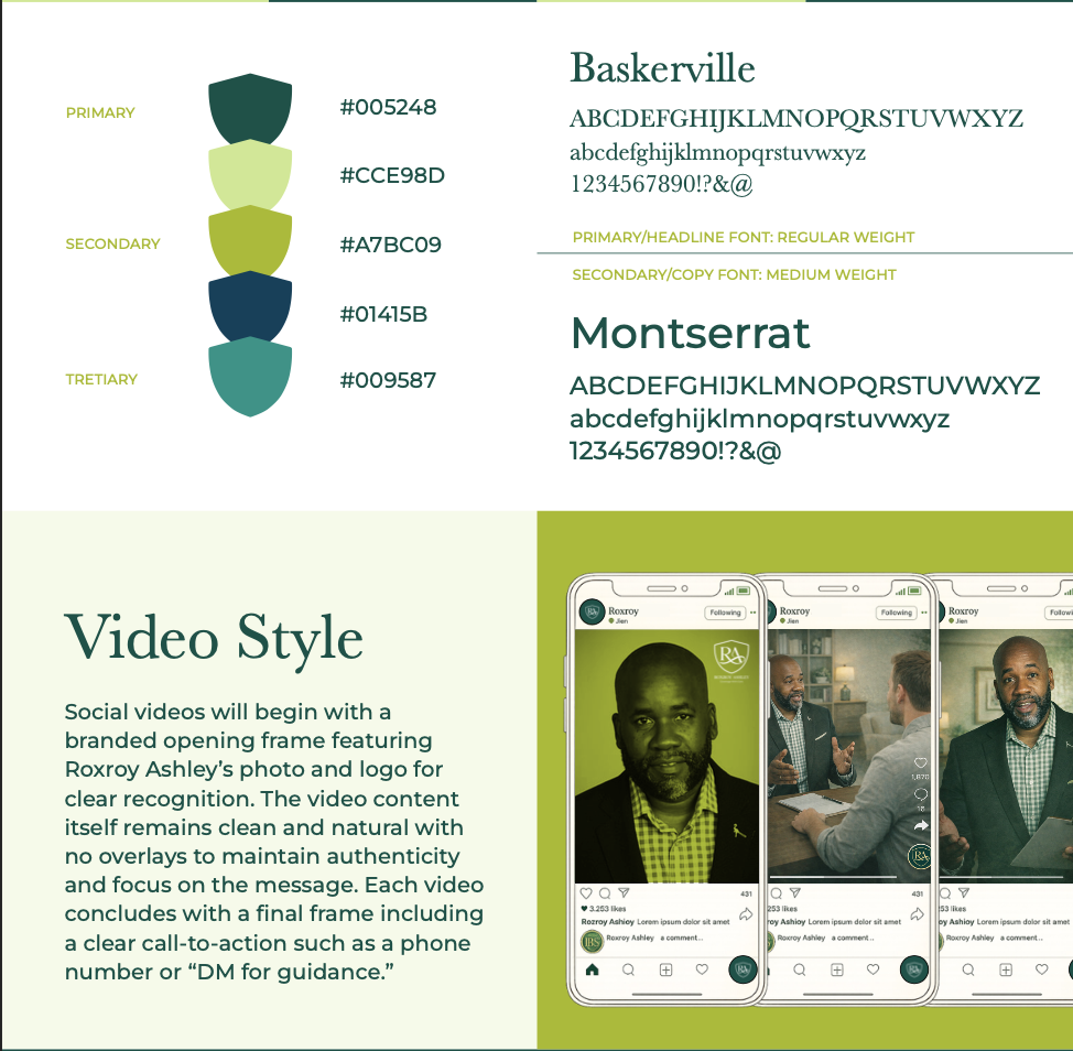 Graphic demonstrating color palette with four shades of green and blue, displaying hex color codes and labels for primary, secondary, tertiary, and quaternary colors. Text and font styles for 'Baskerville' and 'Montserrat' typefaces, with sample text showing each font. A section shows three smartphone screens with videos of a man speaking in an interview setting, with icons indicating likes, comments, and sharing options. The section title is 'Video Style' with descriptive text about social video content creation.