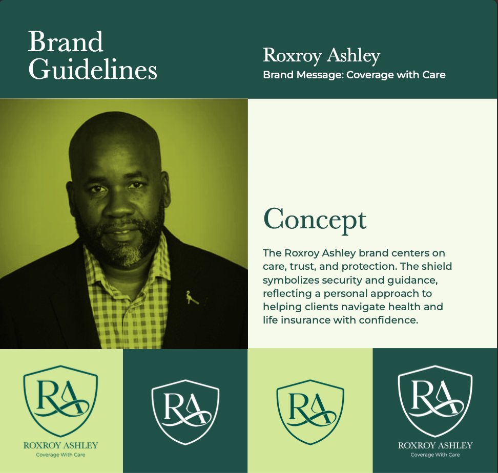 Brand guidelines document for Roxroy Ashley with a photo of him, centered on care, trust, and protection, featuring logos and branding elements.