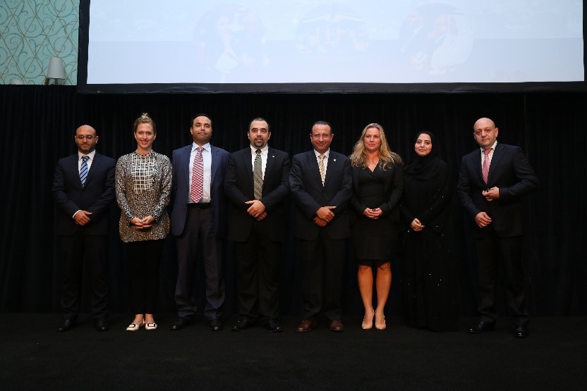 UAE Chapter Leaders. From left to right, Amr Elhansi, Heather Martin, Adnan Zaidi, Iyad Mourtada, Nabil Al Ouf, Tania Fabiani, Mona Abbas Hussain, and Achraf El Zaim