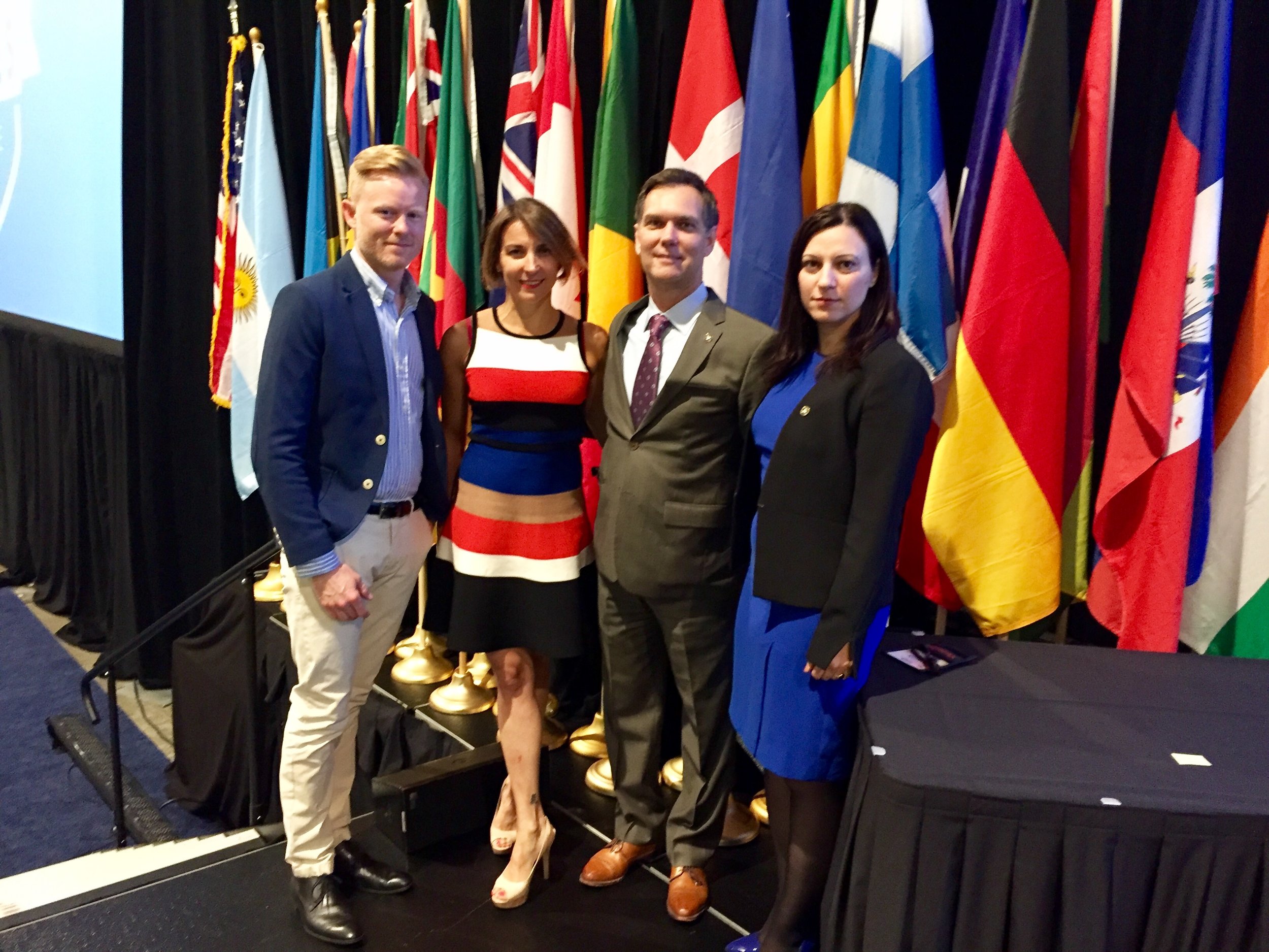  Danish Chapter Leaders. From left to right, Thomas Boegballe, CFE, Dr. Nadia Dosio, CFE, Nicoleta Mehlsen, CFE, with ACFE Vice President and Program Director Bruce Dorris, CFE 