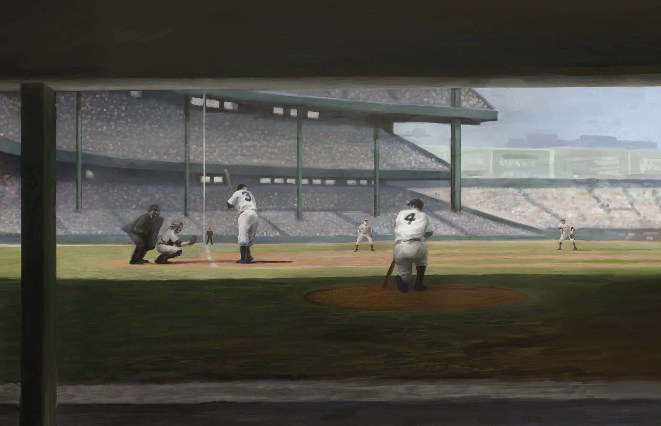  “Pick Your Poison” 24”X30” Digital Painting  In pre-war years baseball players didn’t wear names on their jerseys. They wore a number according to their spot in the batting order. Number three of the NY Yankess was Babe Ruth, and number four, Lou Ge