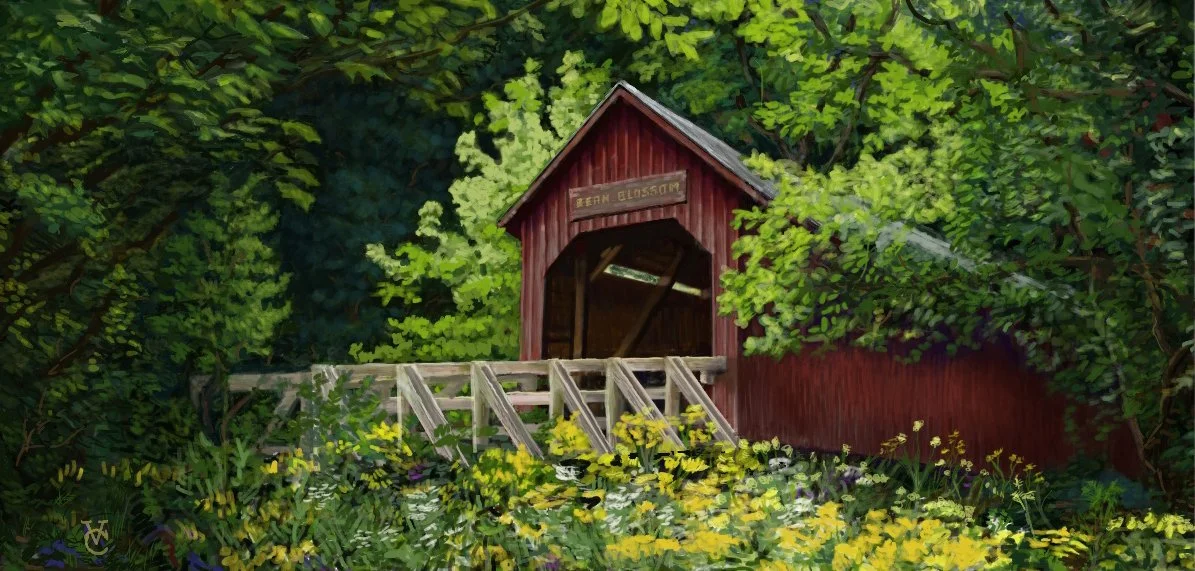  “Bean Blossom Covered Bridge” - digital painting- 20”X34” 