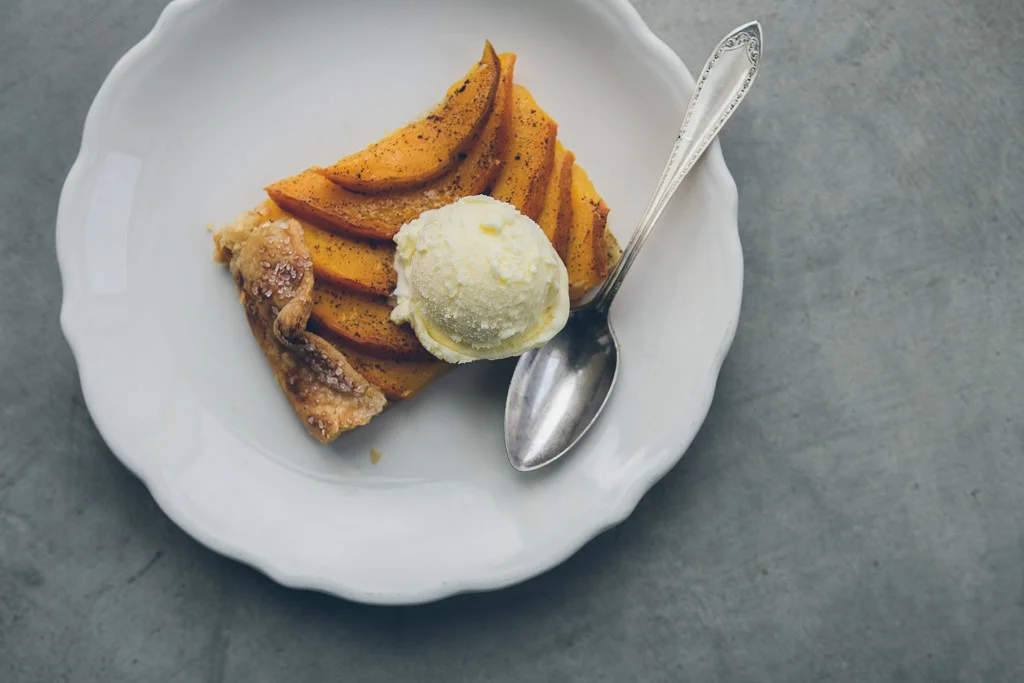 brown sugar pumpkin galette with bay ice cream