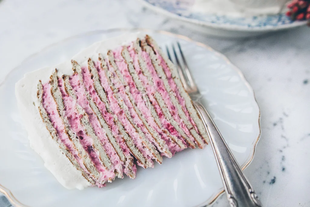 almond crepe cake with raspberry-rose cream