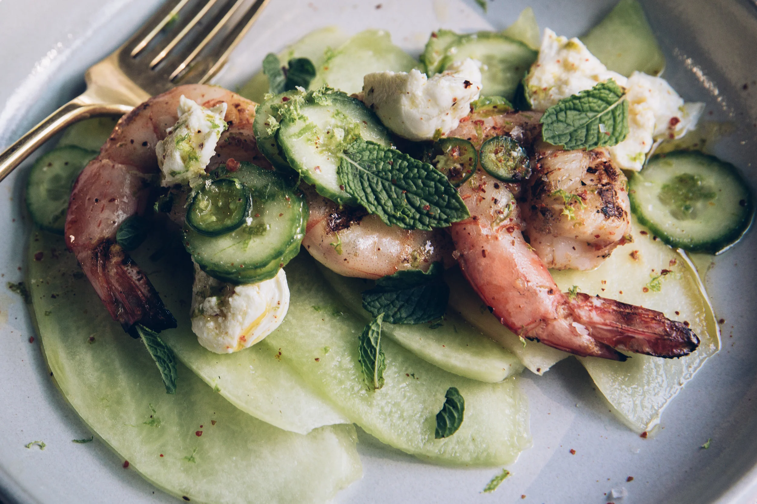 grilled shrimp with melon, cucumbers and mozzarella — Milly's Kitchen