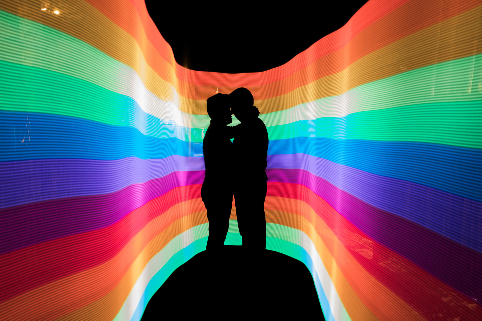 Same Sex Elopement Photographer - Reception Rainbow PixelStick Portrait - Colorado Springs Destination Wedding
