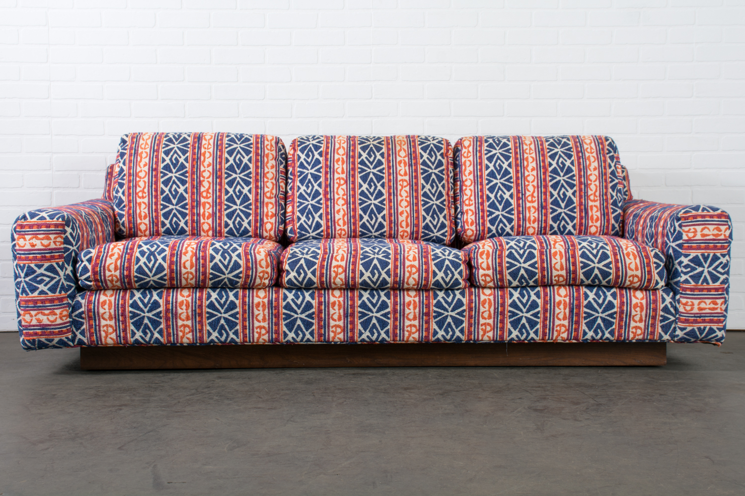 Floating Sofa with Modern Bohemian Upholstery and Walnut 1970s — Mid-Century Finds