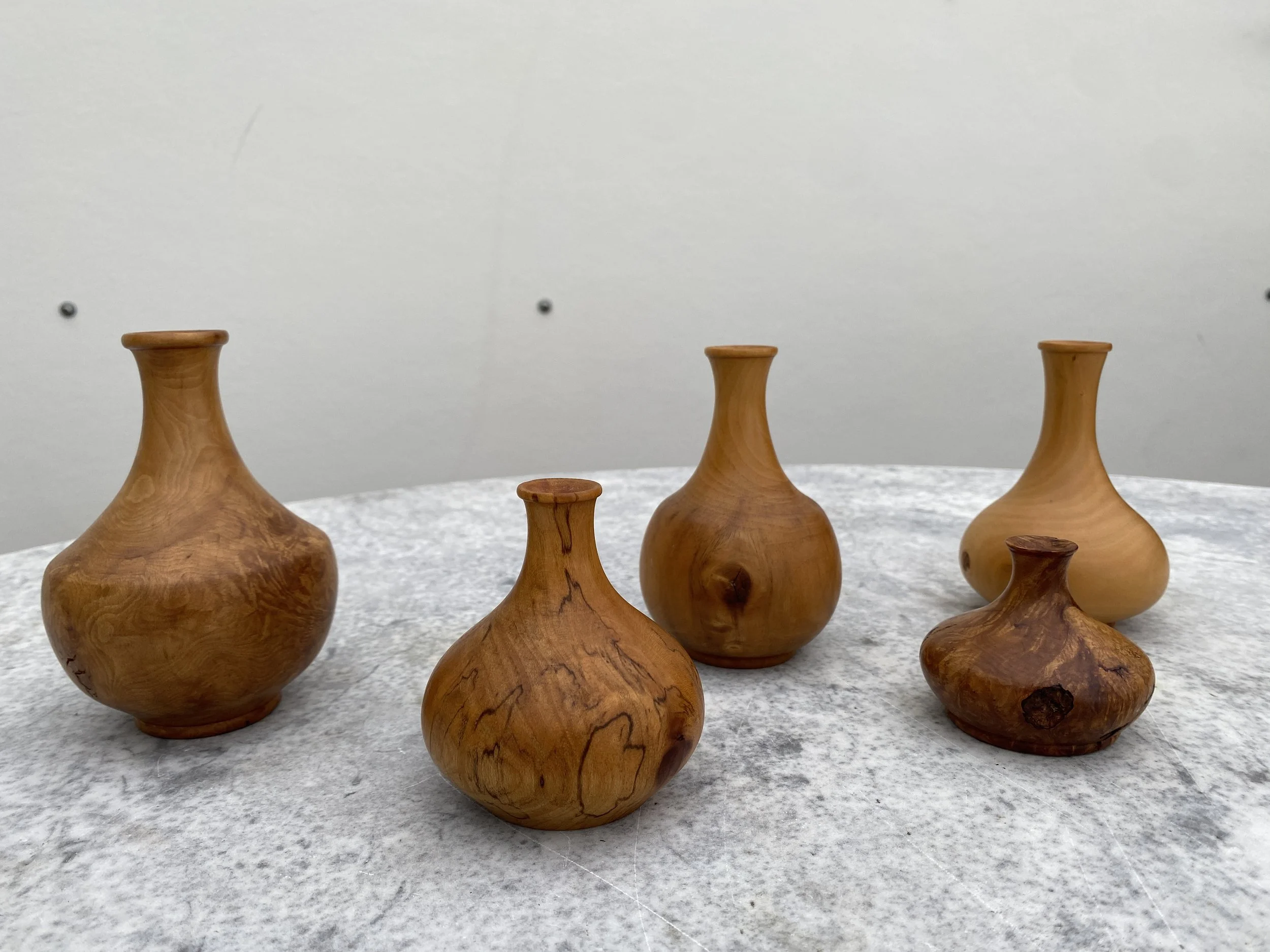 Set of Five Vintage Turned Wood Vases