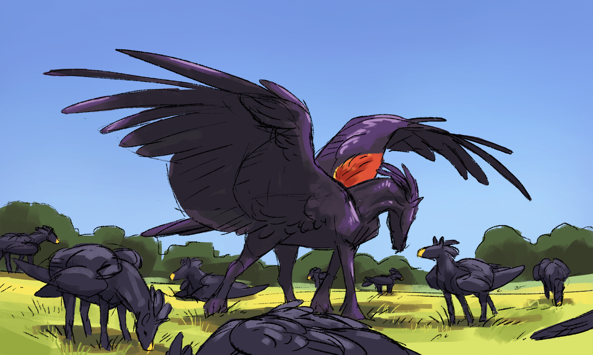 goth and gothlettes_big broadwing with ponies in a field.png