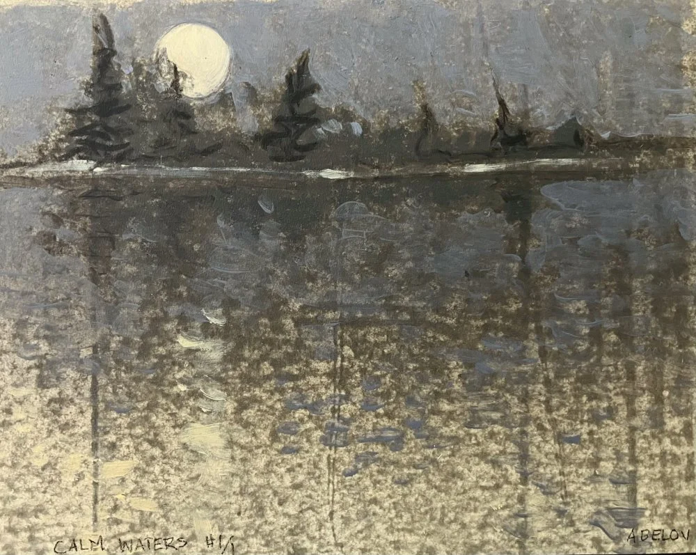 Calm Waters - monotype mounted on linen panel by Anne Belov