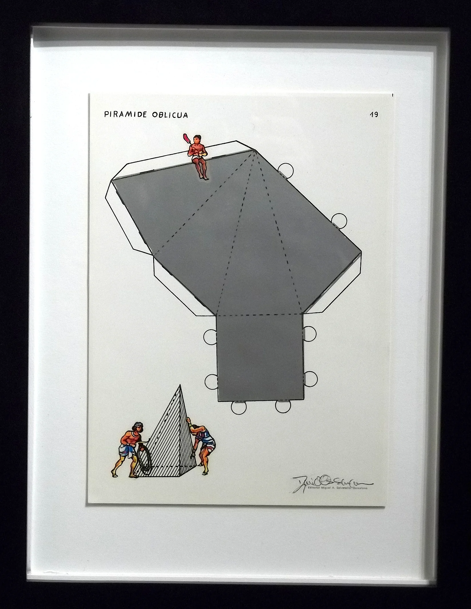 Piramide Oblicua vintage Spanish geometry workbook, transfer figures 9 x 7" framed $250