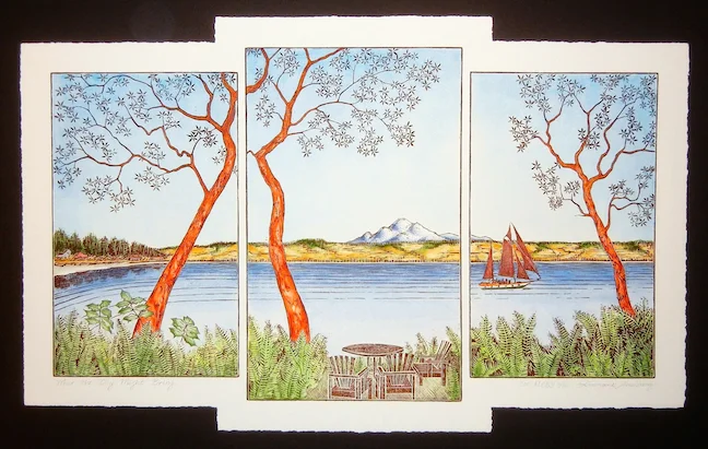 What the Day Might Bring - hand-colored linoleum block print
