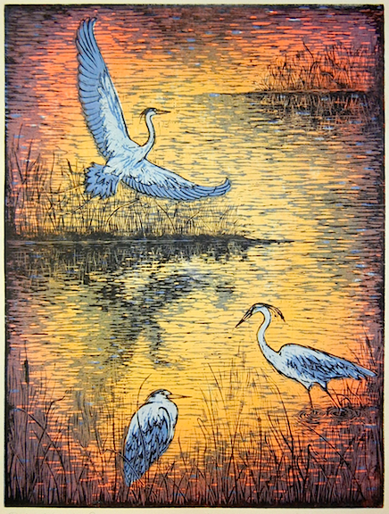 Rising with the Sun five-block linoleum print