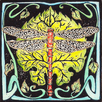 Meadowhawk hand-colored linoleum block print