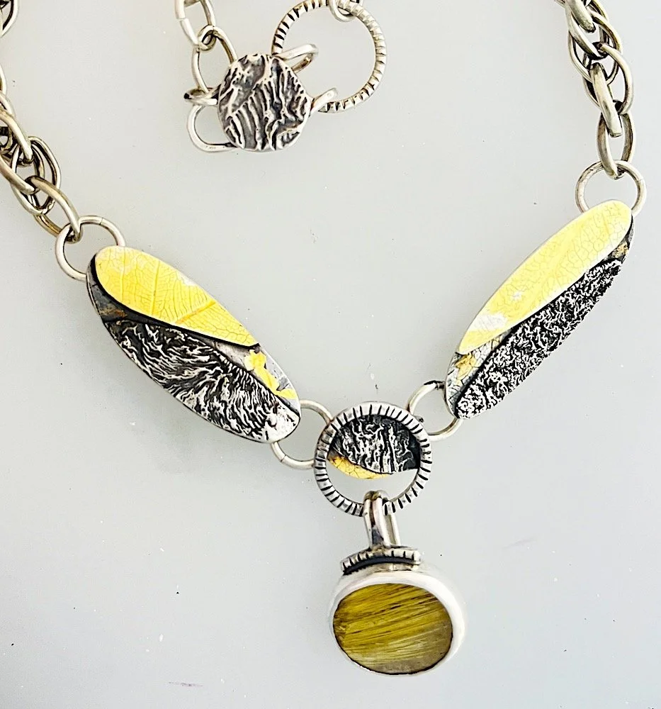 Gold and Silver necklace with Removable Rutilated Quartz Stone by Gayle Minjarez