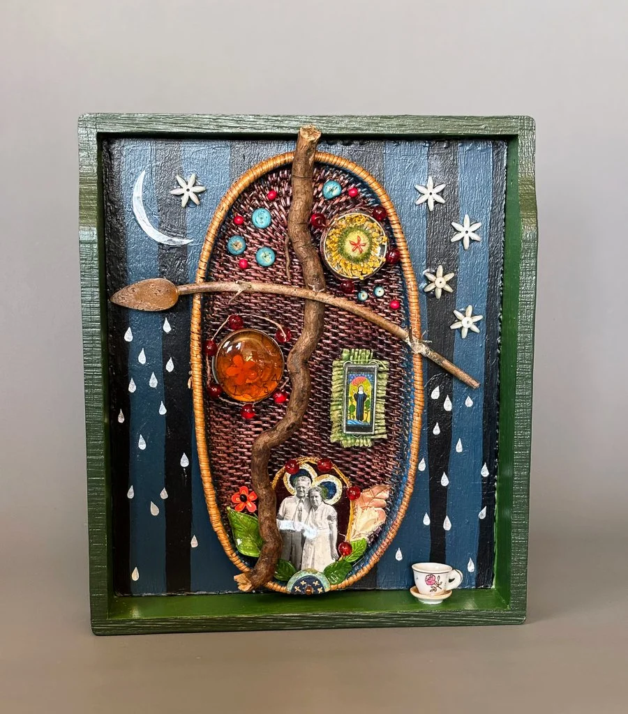 Watering the Ancestors - mixed media assemblage by Sara Saltee