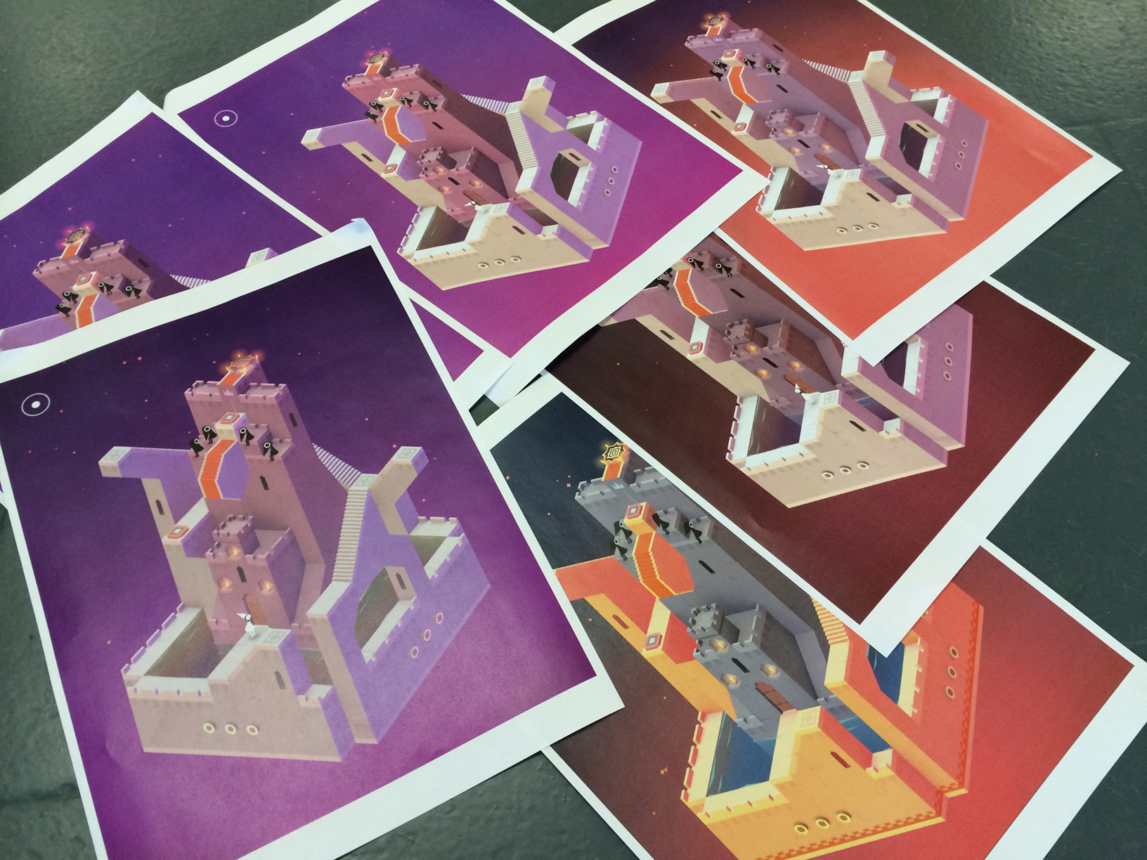  Iterating on the colour palette of 'the throne', using printouts to make sure it works with the rest of the game. 