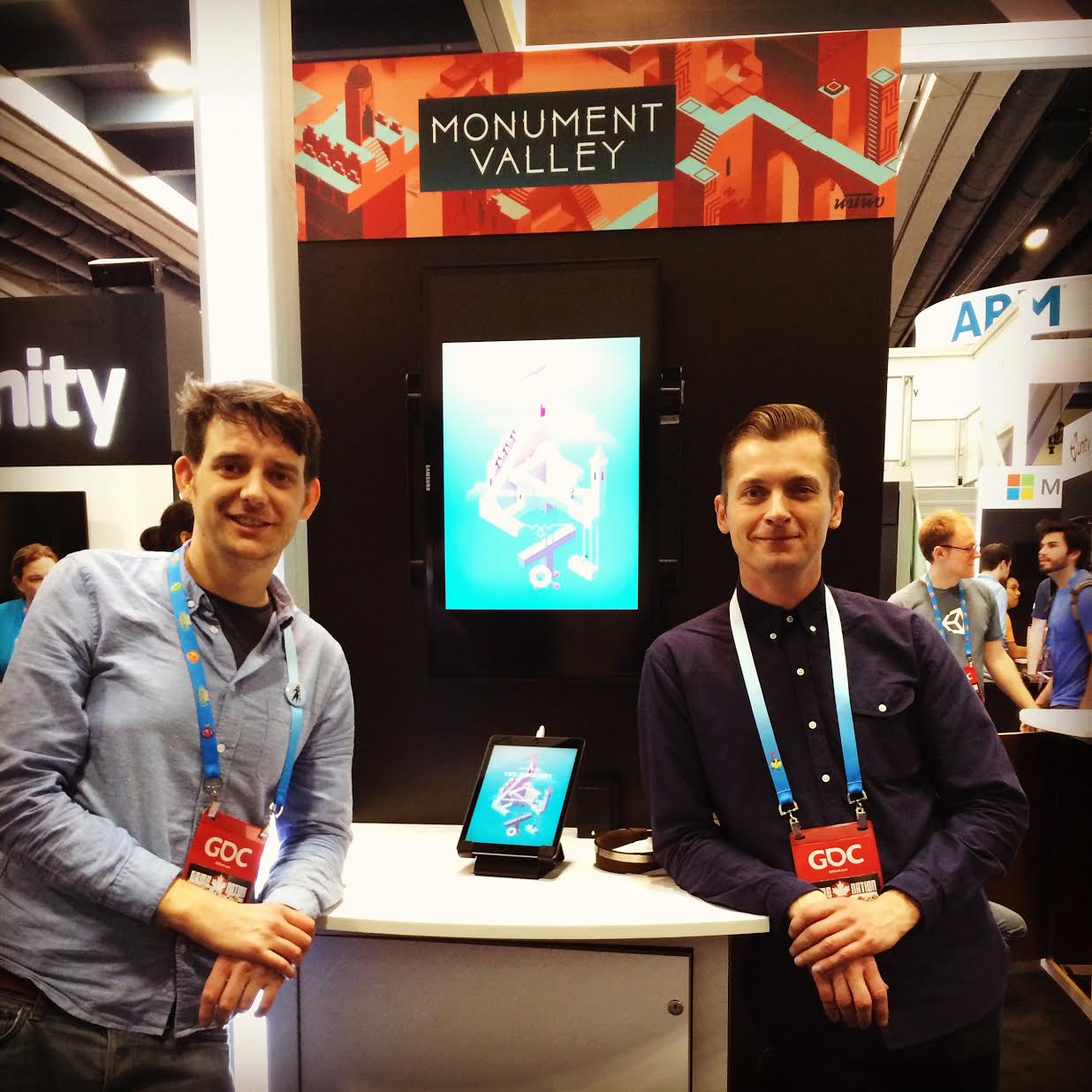 Pash and Neil demoing MV at GDC 2014, a few weeks before release. Pash spent the previous day hacking the game to display sideways on a display set to landscape.