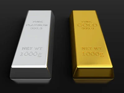 Photo of platinum and gold bars, precious metals that Specialty Metals refines and recycles from scrap catalytic converters and sputtering targets and more.