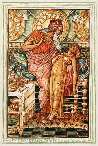 "King Midas with his daughter" from "A Wonder Book for Boys and Girls" by Nathaniel Hawthorne, illustrated by Walter Crane.