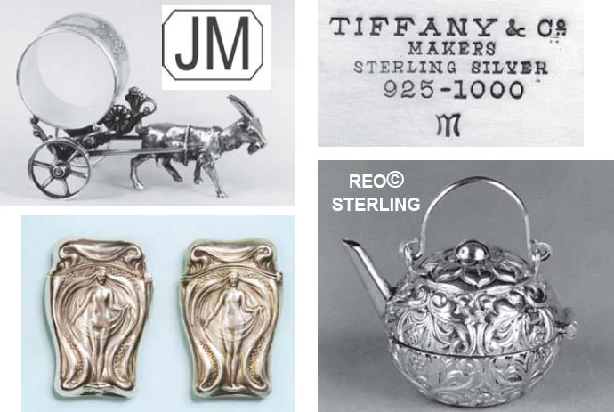 Typical examples of new silver and silver plate reproductions with new, faked or confusing marks. Learn more at: https://www.realorrepro.com/article/Confusing-marks-on-silver-and-silverplate