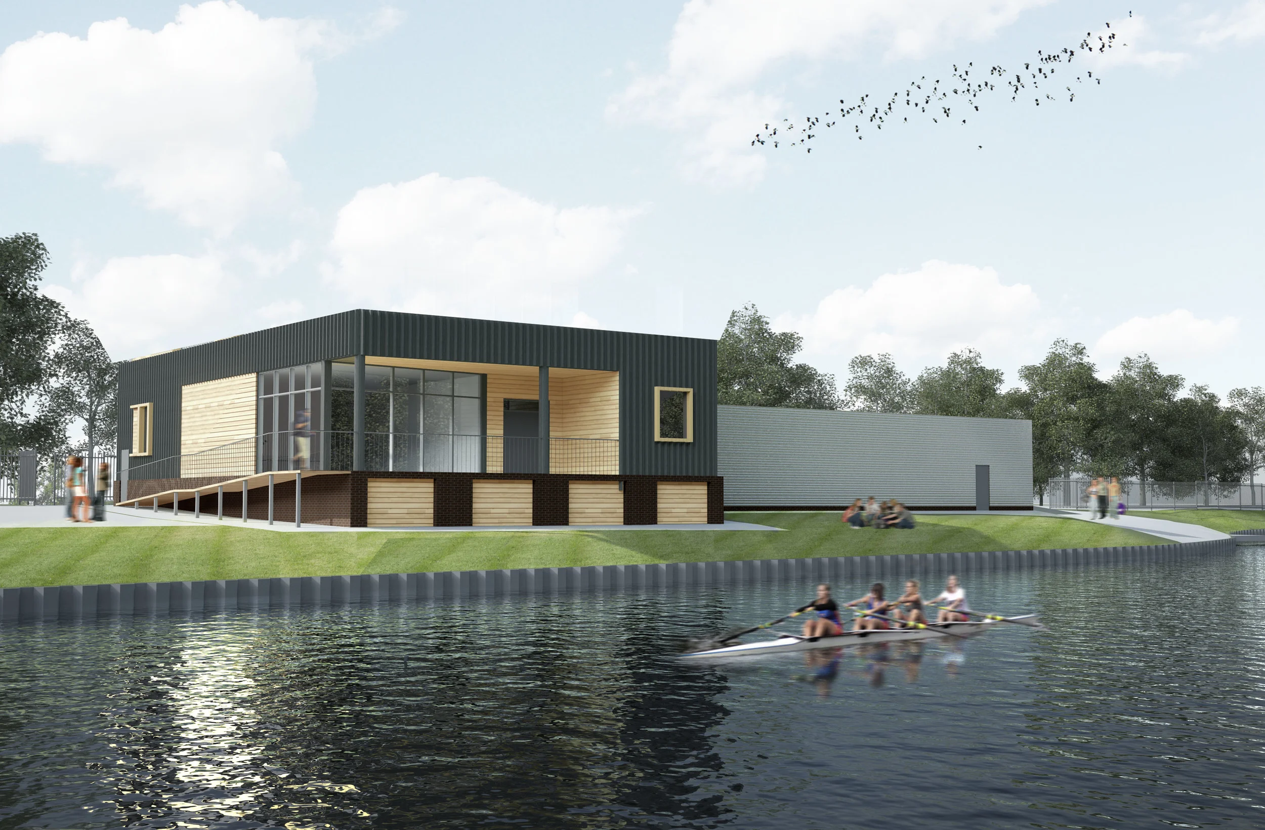 The architects visualisation of the completed Boat House / Rowing Club, looking across the Aire and Calder Navigation Canal.