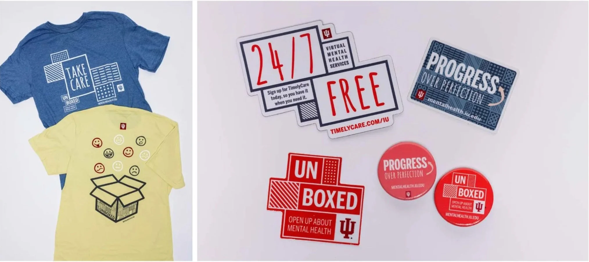 image collage of a blue and yellow t-shirt and buttons and stickers