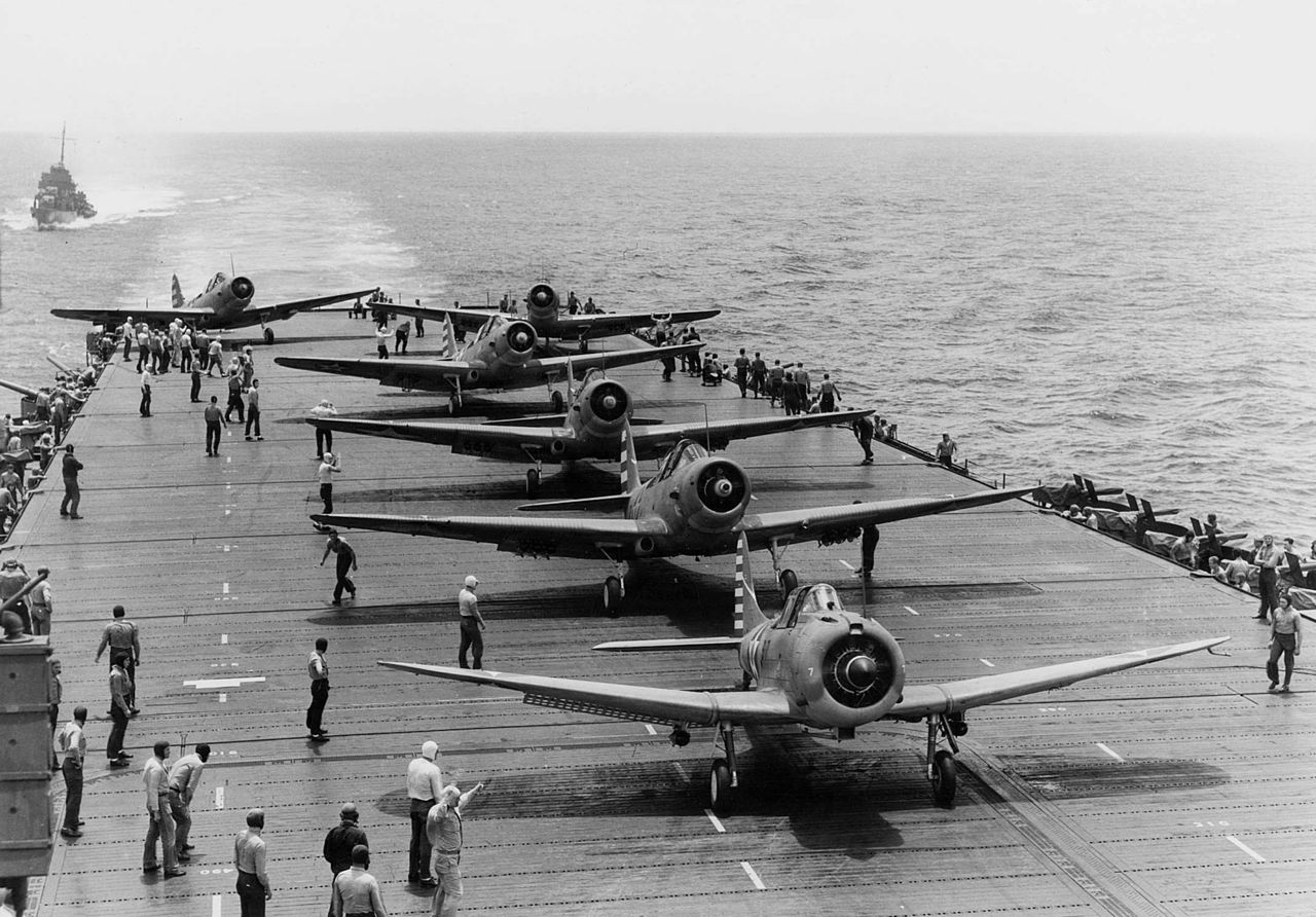  Douglas Devastator and Dauntless dive bombers on the deck of a carrier during WWII.  (National Archives)  