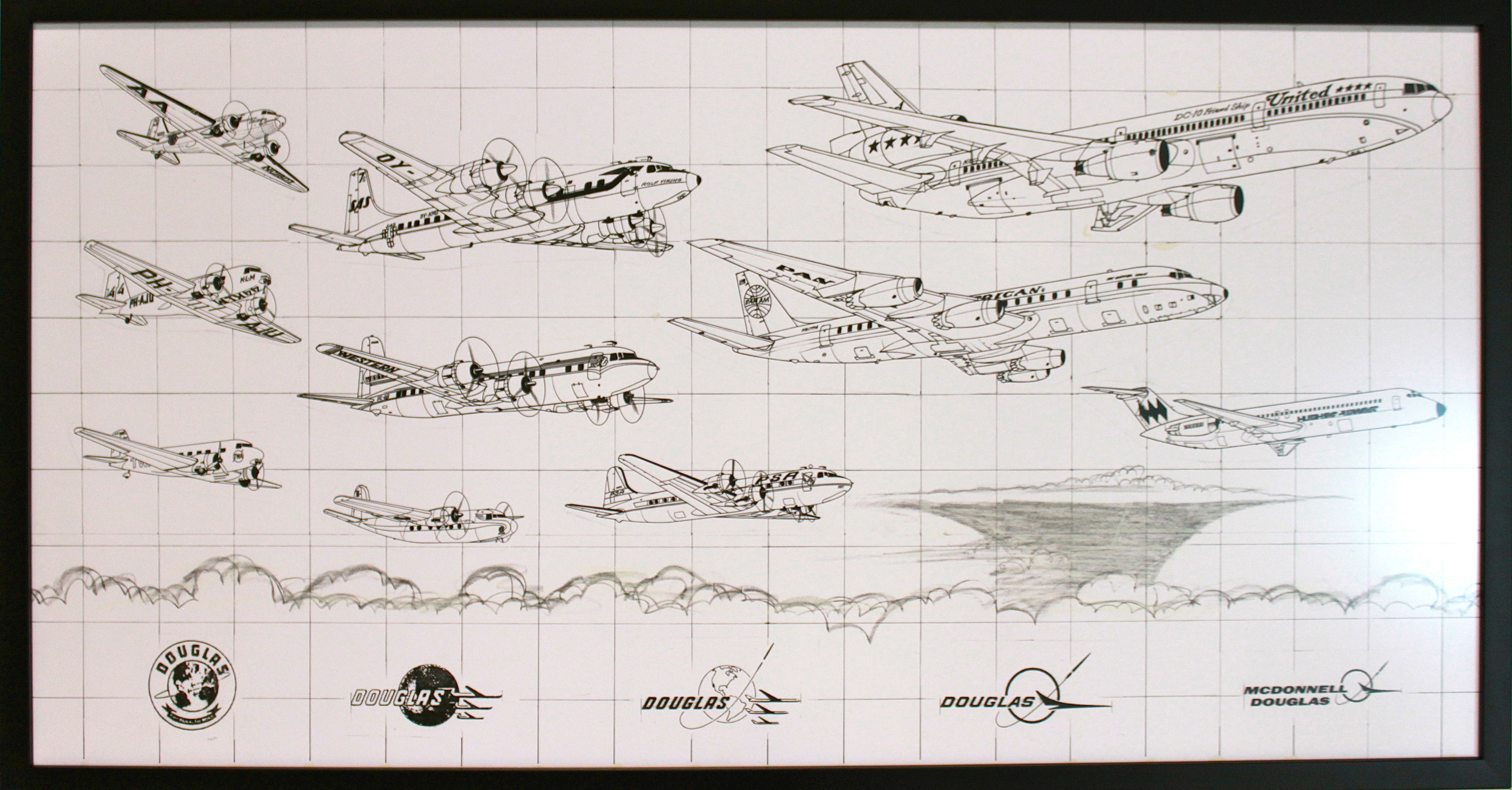  An artist sketch showing the evolution of Douglas commercial aircraft and their company logo.  (San Diego Air &amp; Space Museum)  