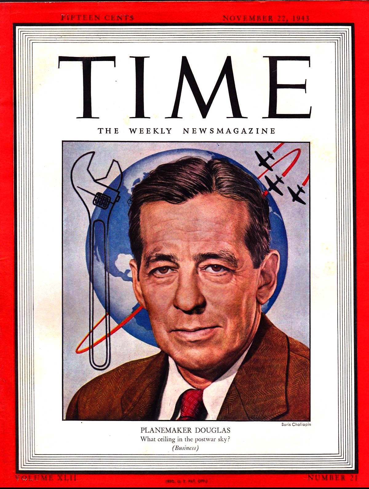  Donald graced the cover of Time Magazine, November 22, 1943. In the article fellow aircraft design Major Alexander  de &nbsp;Seversky was quoted, &nbsp;"Donald Douglas [is] the cornerstone of American air power"  &nbsp;(Time Inc)           