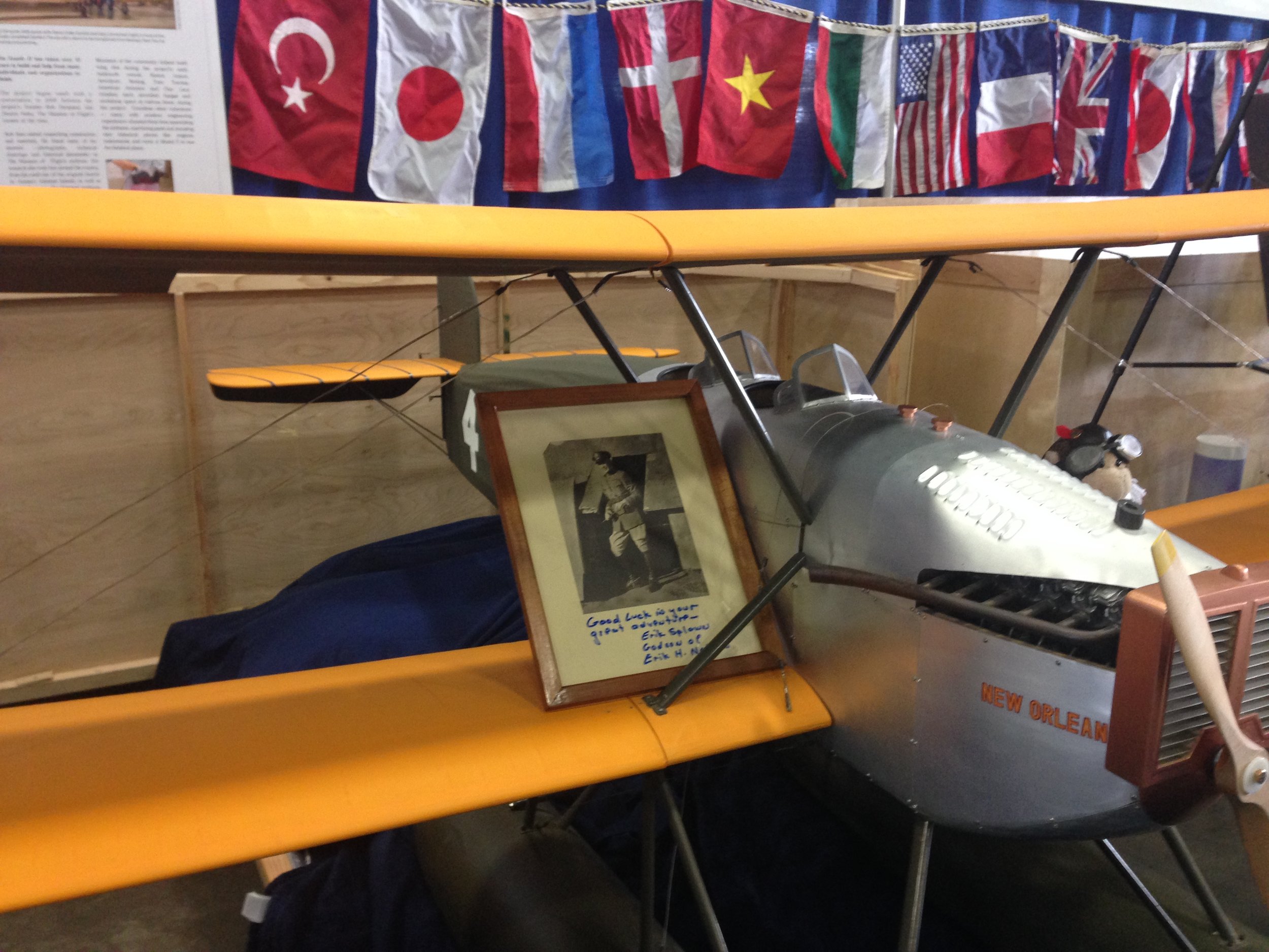  This framed photo of Lt. Erik Nelson  (pilot of the World Cruiser New Orleans)   was brought to the show and donated by Erik’s godson, Erik Splawn!   