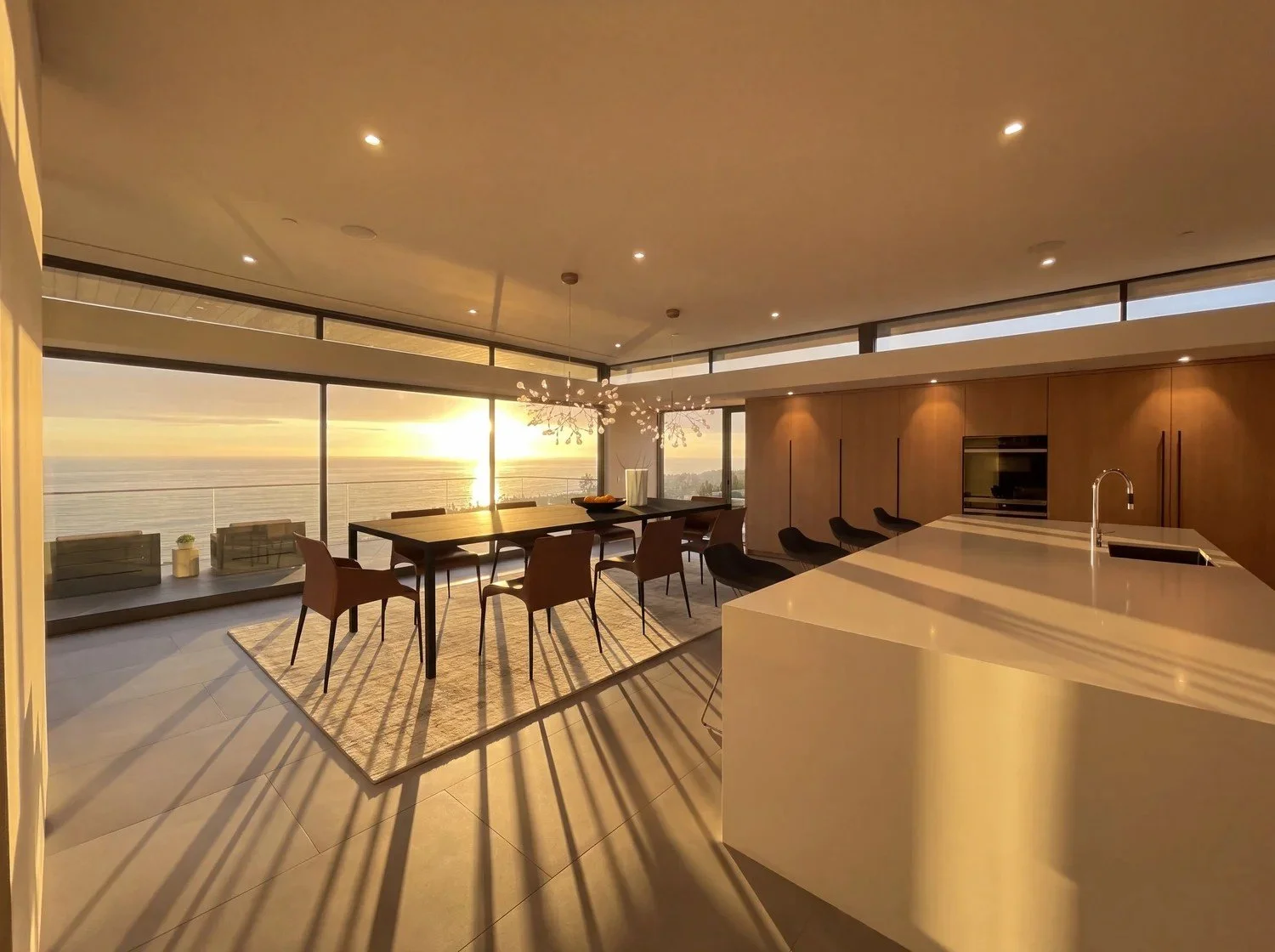 Anacapa House great room at sunset, kitchen and dining facing the ocean, Laguna Beach