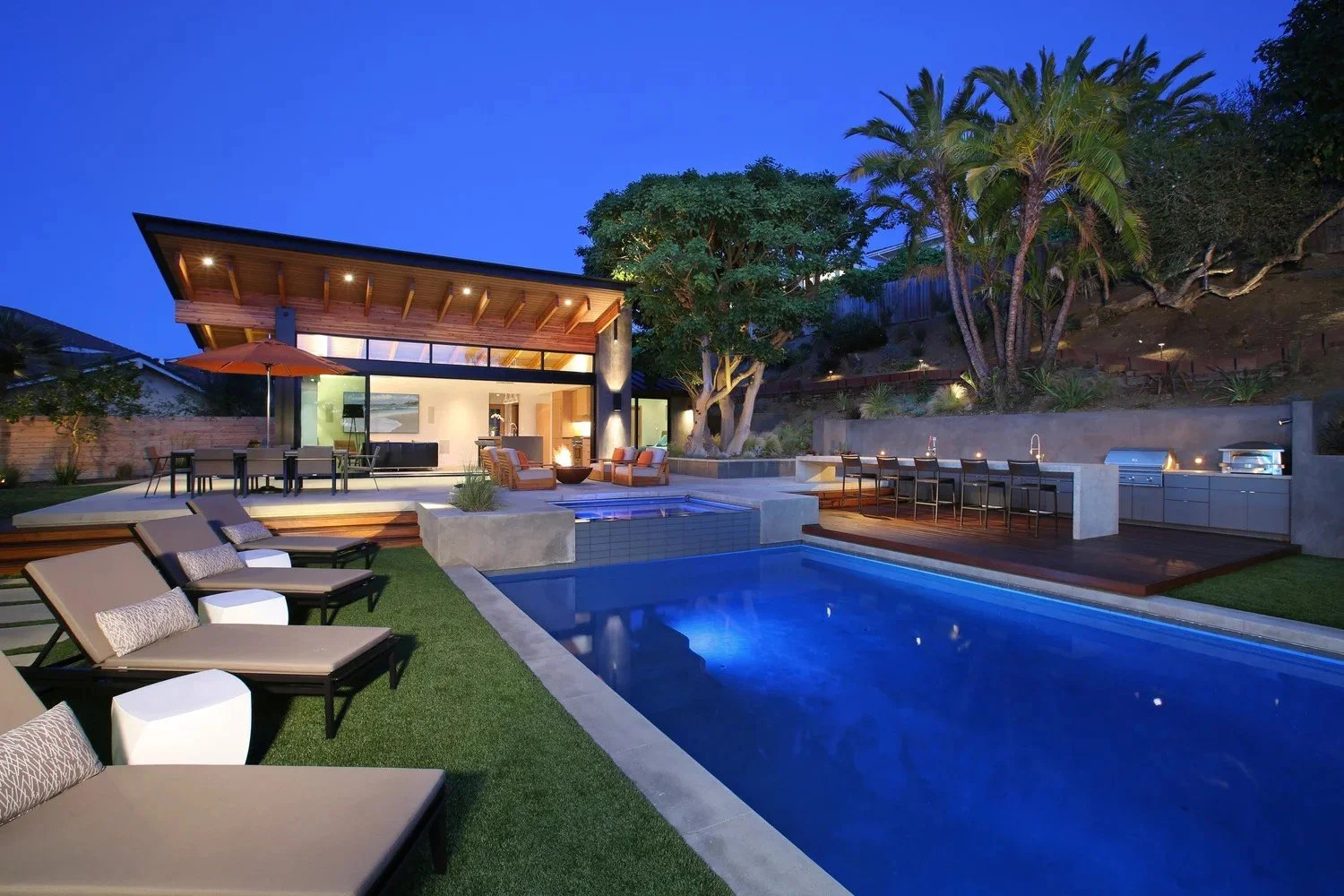 Volkov Pool House, timber-roofed pool pavilion, Newport Beach