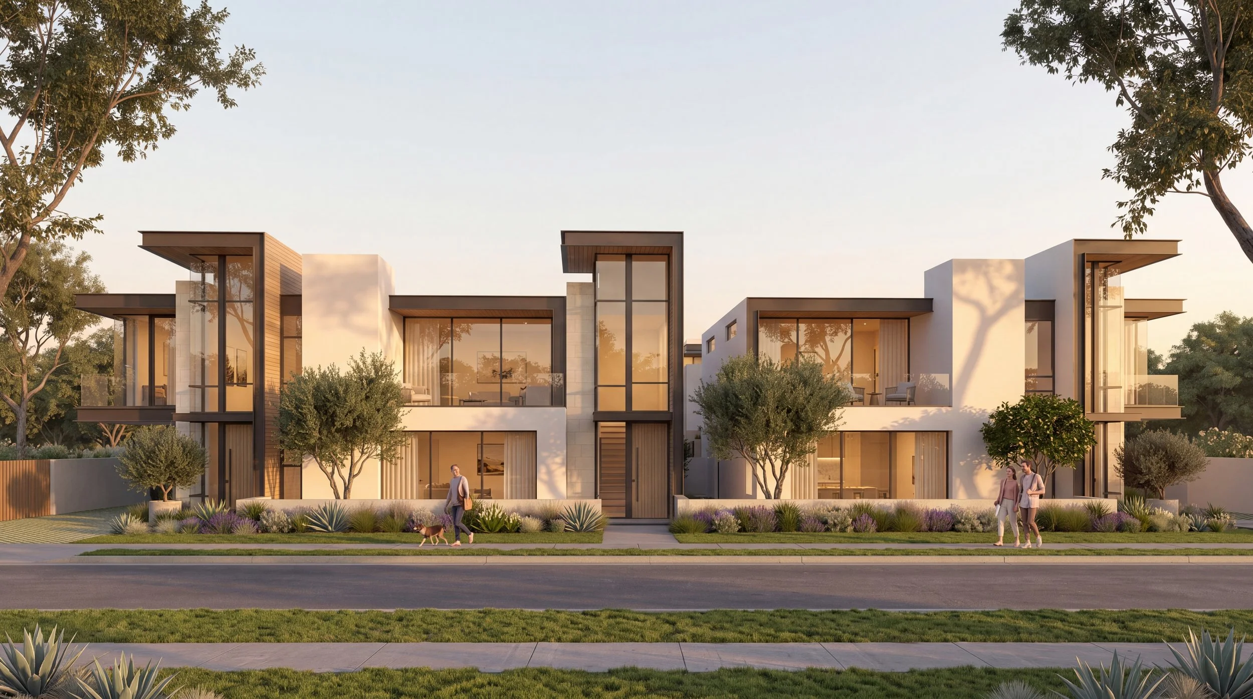 Costa Mesa Live-Work Lofts concept rendering, street elevation of lofts with balconies and courtyards, Costa Mesa, CA