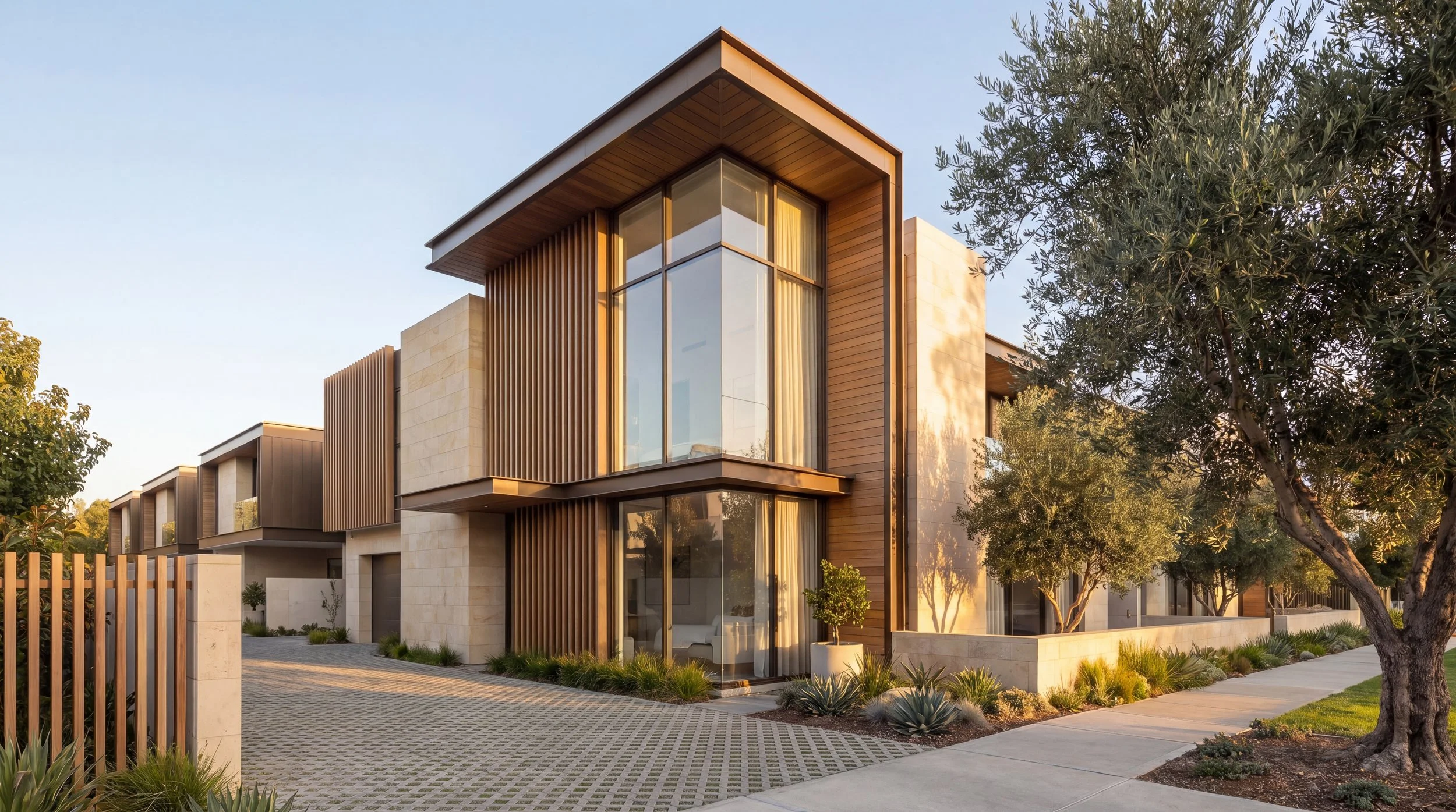 Costa Mesa Live-Work Lofts concept rendering, corner loft with wood-clad frame and tall glass, Costa Mesa, CA