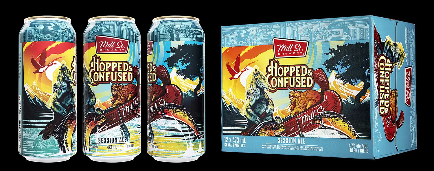 Hopped & Confused Session Ale was a seasonal (summer) release from Mill St. Brewery that launched in 2018. It uses common design elements to anchor it to their other products (the brewery’s logo, the top illustrated band, and the placement of the beer style/legal info text) but then it goes in a very different direction from their other products with the primary illustration of the Canadian animals. The liquid and the design resonated with Ontario customers; it was one of the most popular new beers in the LCBO that year. Photo by Sean Fenzl .