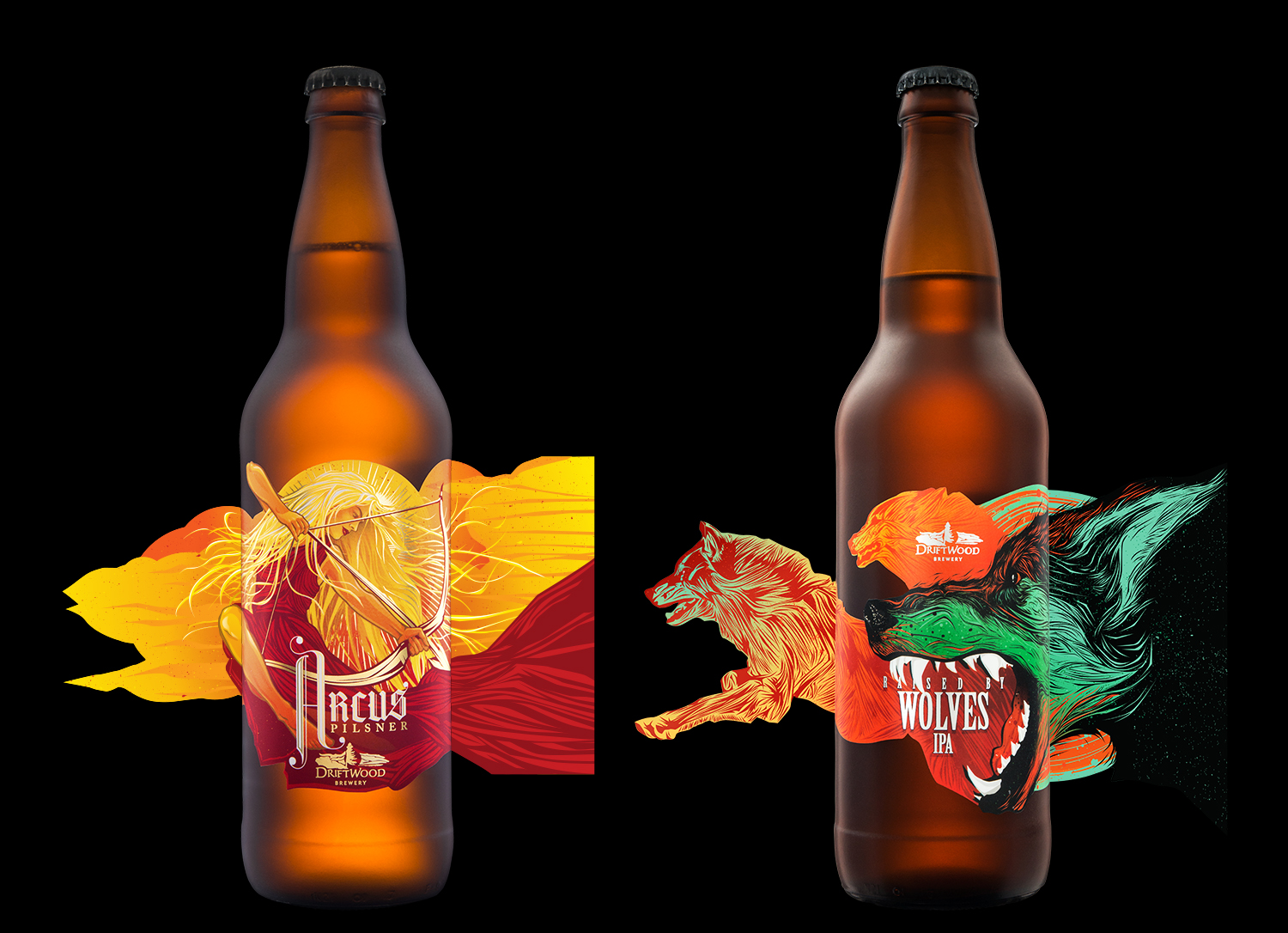 Arcus Pilsner and Raised By Wolves Wild IPA are two new seasonal releases that we named and designed for Driftwood Brewing. They both ended up becoming part of the brewery’s year-round offerings. Driftwood’s approach to their packaging design is what we call the “Fully Custom” approach, where there is almost no consistency in the designs from one beer to the next. In their case, the brewery branding stays the same, each label has a custom die-cut shape, the label stock is always the same, and the illustrations are always very detailed and dynamic. Photos by Sean Fenzl .