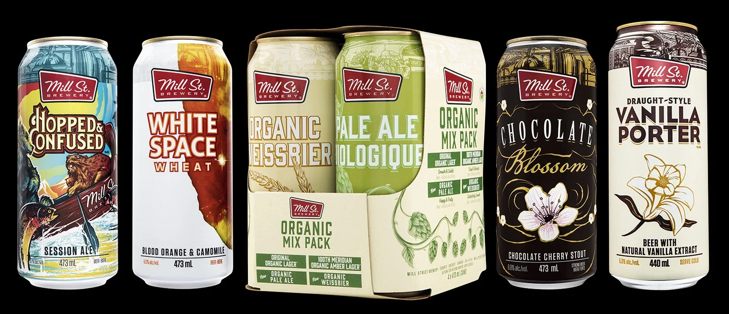 Six unique beer can designs for Toronto's iconic Mill St. Brewery featuring custom illustration and typography.