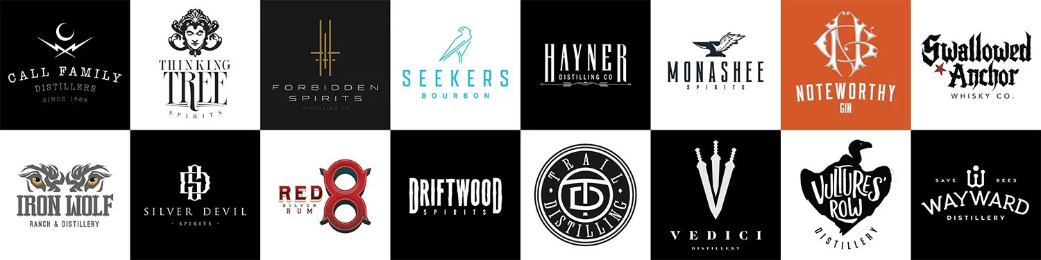 A collection of Canadian and American distillery logos designed by Hired Guns Creative.