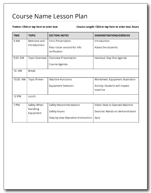 Image of lesson plan template for IATSE local unions to use when organizing their local courses.
