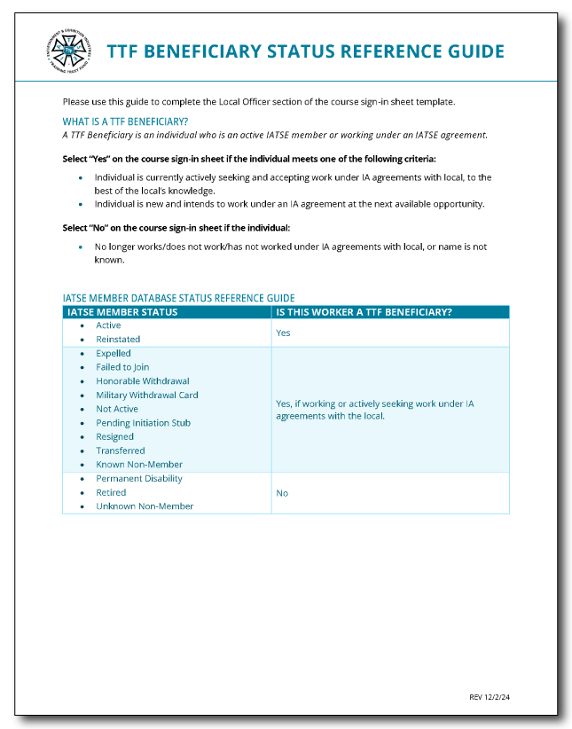 This document is a TTF Beneficiary Status Reference Guide. It explains how to fill out a course sign-in sheet, indicating whether an individual is a TTF beneficiary based on their work status with local IA agreements.