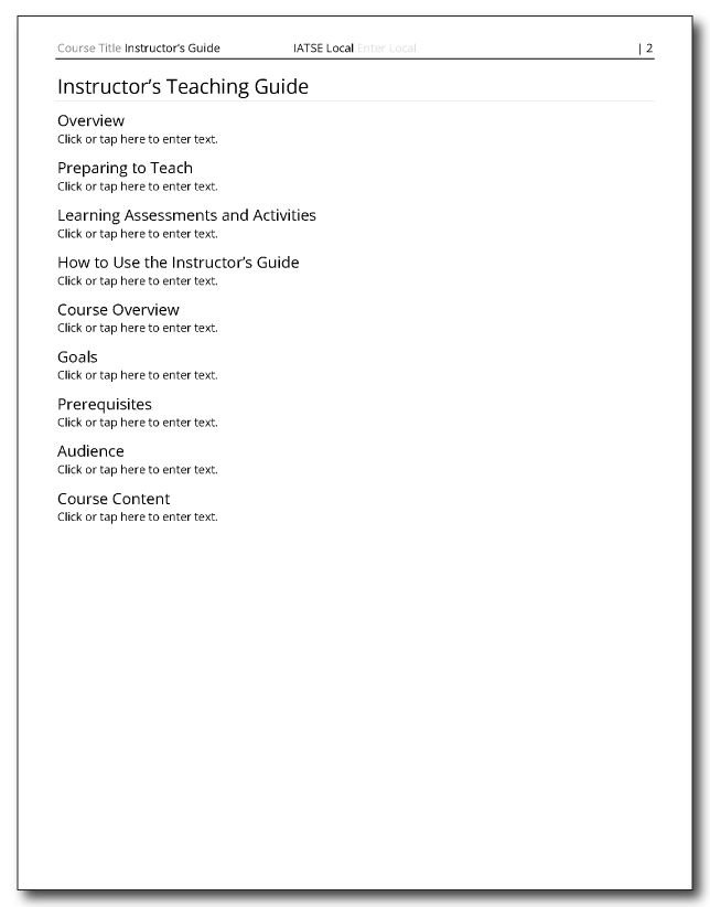 Image of instructor guide template for IATSE local unions to use when organizing their local courses.